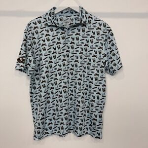 Barstool Sports Mens Cigar Whiskey Golf Polo Shirt Blue Novelty Print Medium